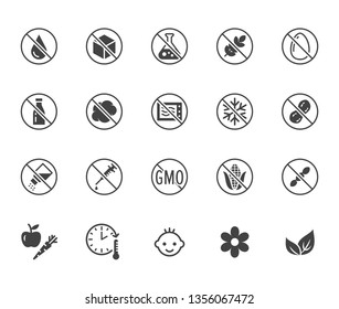 Natural food flat glyph icons set. Sugar, gluten free, no trans fats, salt, egg, nuts, vegan vector illustrations. Signs for packaging, expiration date. Solid silhouette pixel perfect 64x64.