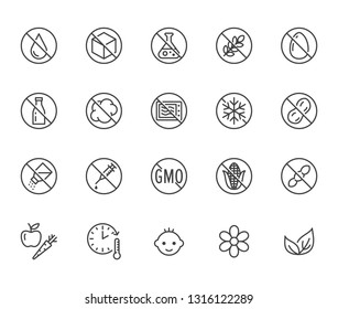Natural food flat line icons set. Sugar, gluten free, no trans fats, salt, egg, nuts, vegan vector illustrations. Thin signs for packaging, expiration date. Pixel perfect 64x64. Editable Strokes.