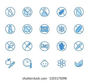 Natural food flat line icons set. Sugar, gluten free, no trans fats, salt, egg, nuts, vegan vector illustrations. Thin signs for packaging, expiration date. Pixel perfect 64x64. Editable Strokes.