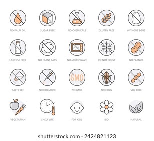 Natural food flat line icons set. Sugar, gluten free, no trans fats, salt, egg, nuts, vegan vector illustrations. Thin signs for packaging, expiration date. Orange Color. Editable Strokes