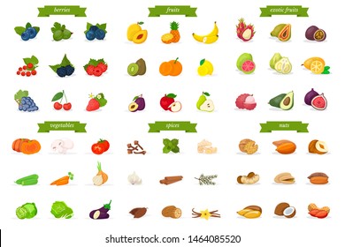 Natural food flat vector illustrations set. Sweet berries, common and exotic fruits. Vegetarian nutrition, healthy lifestyle. Organic vegetables, spices and nuts. Delicious snacks, vitamin diet