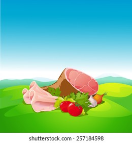 natural food - ham and vegetable on natural background