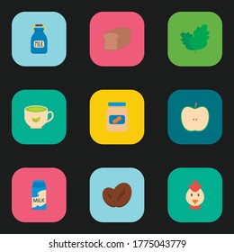 Natural food icon set and green tea with milk box, farm milk and coffee bean. Bean cocoa related natural food icon vector for web UI logo design.