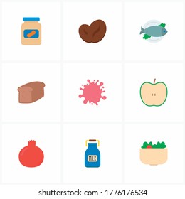 Natural food icon set and organic food with bakery, fruit splash and farm milk. Red splash related natural food icon vector for web UI logo design.