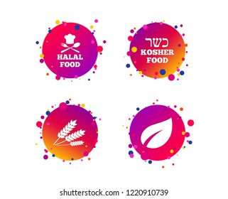 Natural food icons. Halal and Kosher signs. Gluten free. Chief hat with fork and spoon symbol. Gradient circle buttons with icons. Random dots design. Vector
