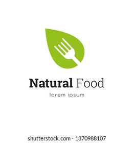 Natural food logo design template with leaf and fork. Isolated drawing for use as an icon, logo, identity, in web and application design, for printing on various media and more