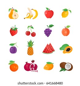Natural Food - modern color vector single line icons set. Pear, banana, apple, lemon, strawberry, cherry, grape, apricot, plum, pineapple, water melon, king fruit, mango, coconut, orange