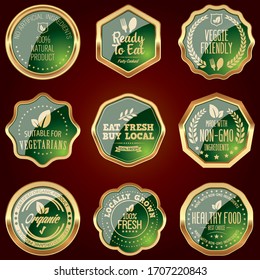 Natural Food and Product Badges. Set of Golden Badges.