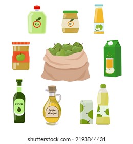 Natural food products from apples.  Applesauce, juice, jam, cider, vinegar, baby food.  Vector illustration.