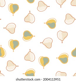 Natural food seamless isolated pattern with pink and yellow contoured pear elements. White background. Designed for fabric design, textile print, wrapping, cover. Vector illustration.