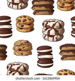 Natural food seamless pattern. Sketch style cookies on white background. Different sweet and baked elements. Vector illlustraation