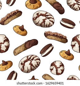 Natural food seamless pattern. Sketch style cookies on white background. Different sweet and baked elements. Vector illustration.