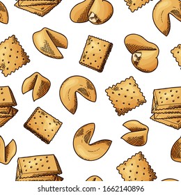 Natural food seamless pattern. Sketch style cookies on white background. Different sweet and baked elements. Vector illustration