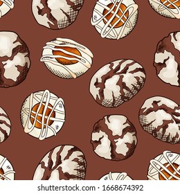 Natural food seamless pattern. Sketch style cookies on white background. Different sweet and baked elements. Vector illustration.
