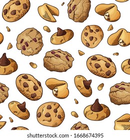 Natural food seamless pattern. Sketch style cookies on white background. Different sweet and baked elements. Vector illustration.