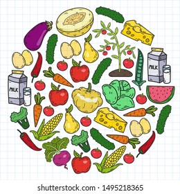 natural food - vector background with icons in sketch style. doodles elements