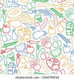 natural food - vector background with icons in sketch style. doodles elements. seamless