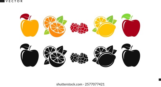 Natural food vector illustration. Vegan food icon. Citrus fruit with berries silhouette. Isolated orange fruit lemon apple raspberry and blackberry 