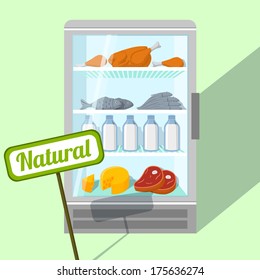 Natural foods of chicken fish meat and dairy products in refrigerator vector illustration