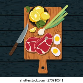 Cooking banner. Raw chicken fillet on wooden cutting board, kitchen knife,  spices, lemon. Vector illustration of fresh meat in cartoon simple flat  style. Stock Vector