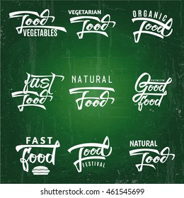 Natural foods, organic , festival, good food - labels, stickers, hand lettering, was written with the help of calligraphy skills and collected templates using typographic rules. Against the backdrop