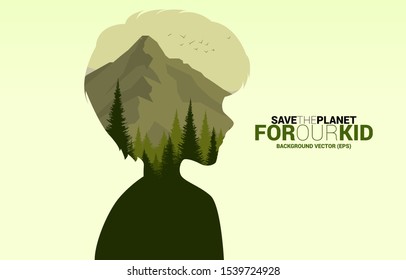 Natural forest inside silhouette kid head. background for take care and save the environment.