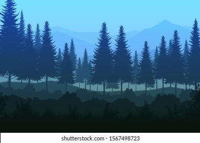 Natural forest jungle green Natural Pine forest mountains horizon Landscape wallpaper Sunrise and sunset Illustration vector style colorful view background