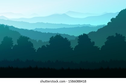 Natural forest Jungle horizon trees Landscape wallpaper Sunrise and sunset  Illustration vector style Colorful view background
