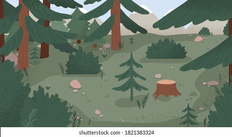 Natural forest landscape vector flat illustration. Wild woods scenery with spruces, stumps, bushes, trees and grass. Empty environment with plants and mountains. Wilderness area, woodland location