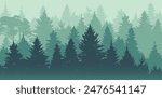 Natural forest landscape. Woodland panorama with silhouettes of coniferous trees, pines, firs and spruces. Background with evergreen plants. Foggy environment scenery. Flat vector illustration