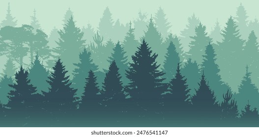 Natural forest landscape. Woodland panorama with silhouettes of coniferous trees, pines, firs and spruces. Background with evergreen plants. Foggy environment scenery. Flat vector illustration