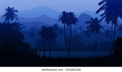 Natural forest Mountains horizon and Evening lagoon Landscape wallpaper Illustration vector style Colorful tone background
