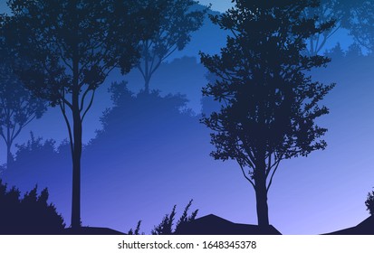 Natural forest mountains horizon hills silhouettes of trees Evening Sunrise and sunset Landscape wallpaper Illustration vector style Colorful view background