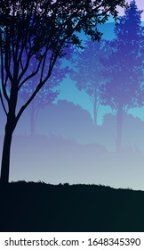 Natural forest mountains horizon hills silhouettes of trees Evening Sunrise and sunset Landscape wallpaper Illustration vector style Colorful view background