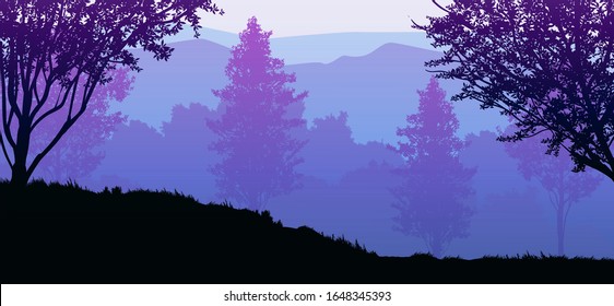 Natural forest mountains horizon hills silhouettes of trees Evening Sunrise and sunset Landscape wallpaper Illustration vector style Colorful view background