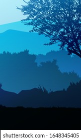 Natural forest mountains horizon hills silhouettes of trees Evening Sunrise and sunset Landscape wallpaper Illustration vector style Colorful view background