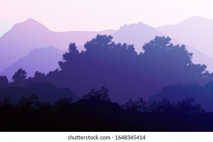 Natural forest mountains horizon hills silhouettes of trees Evening Sunrise and sunset Landscape wallpaper Illustration vector style Colorful view background