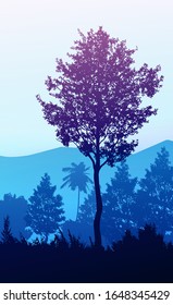 Natural forest mountains horizon hills silhouettes of trees Evening Sunrise and sunset Landscape wallpaper Illustration vector style Colorful view background