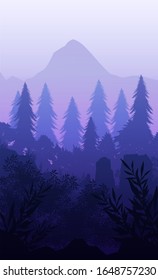 Natural forest mountains horizon hills silhouettes of trees Evening Sunrise and sunset Landscape wallpaper Illustration vector style Colorful view background

