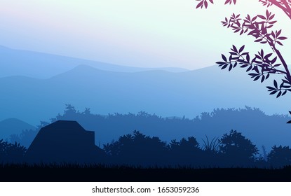 Natural forest mountains horizon hills Sunrise and sunset Landscape wallpaper Illustration vector style Colorful view background