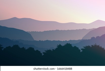 Natural forest mountains horizon hills silhouettes of trees. Evening Sunrise and sunset. Landscape wallpaper. Illustration vector style. Colorful view background.