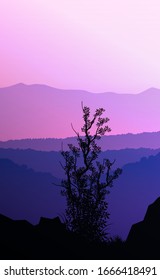 Natural forest mountains horizon hills silhouettes of trees. Evening Sunrise and sunset. Landscape wallpaper. Illustration vector style. Colorful view background.