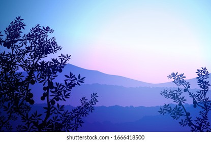Natural forest mountains horizon hills silhouettes of trees. Evening Sunrise and sunset. Landscape wallpaper. Illustration vector style. Colorful view background.