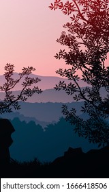 Natural forest mountains horizon hills silhouettes of trees. Evening Sunrise and sunset. Landscape wallpaper. Illustration vector style. Colorful view background.