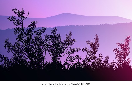 Natural forest mountains horizon hills silhouettes of trees. Evening Sunrise and sunset. Landscape wallpaper. Illustration vector style. Colorful view background.