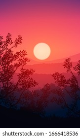 Natural forest mountains horizon hills silhouettes of trees. Evening Sunrise and sunset. Landscape wallpaper. Illustration vector style. Colorful view background.