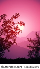 Natural forest mountains horizon hills silhouettes of trees. Evening Sunrise and sunset. Landscape wallpaper. Illustration vector style. Colorful view background.