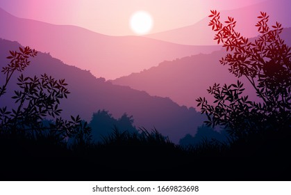 Natural forest mountains horizon hills silhouettes of trees. Evening Sunrise and sunset. Landscape wallpaper. Illustration vector style. Colorful view background.