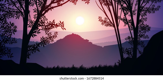 Natural forest mountains horizon hills silhouettes of trees. Evening Sunrise and sunset. Landscape wallpaper. Illustration vector style. Colorful view background.