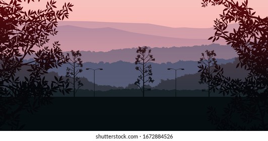 Natural forest mountains horizon hills silhouettes of trees. Evening Sunrise and sunset. Landscape wallpaper. Illustration vector style. Colorful view background.